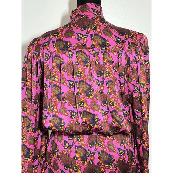 VTG Michel Goma Saks Vibrant Pink Floral Silk Long Slv Dress France 42 US M/L - Picture 7 of 11